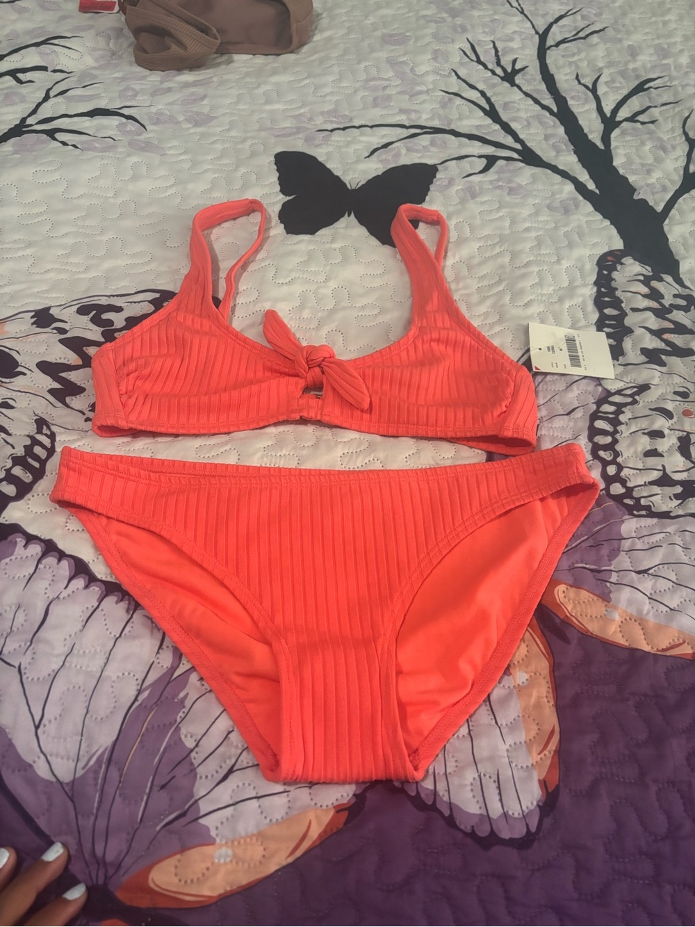 Ribbed Tie-Front Bikini Set in Coral